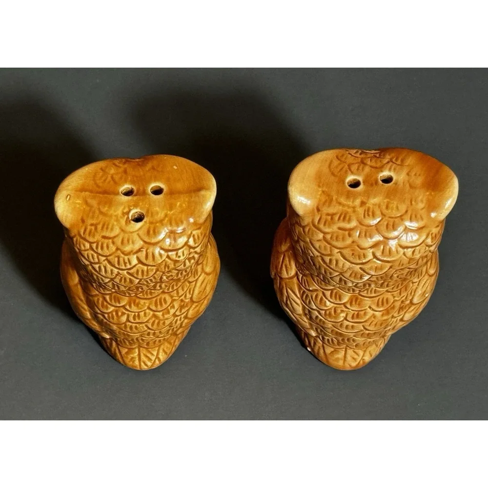 Vintage Style Brown Ceramic Owl Salt and Pepper Shakers Set Glazed Woodland 3in